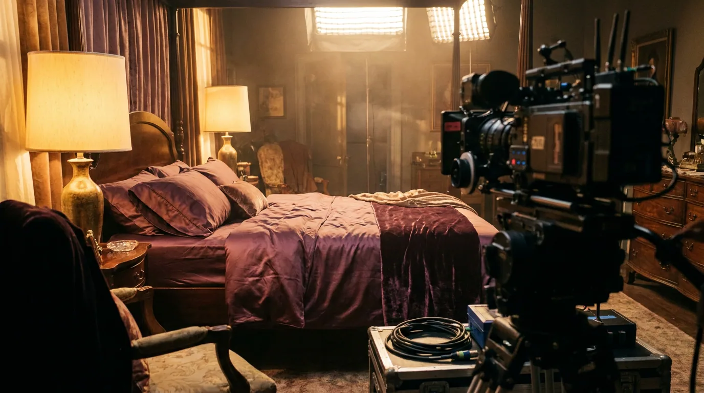 A film set dressed as a bedroom with purple satin sheets, warm lamps, studio lights and a cinema camera in the foreground
