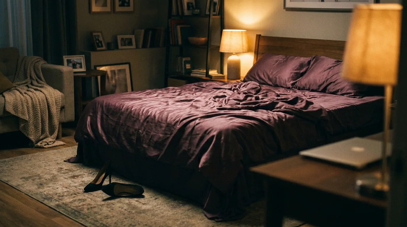 An unmade bed with rumpled plum satin sheets in a lamp-lit bedroom, a pair of black heels on the rug