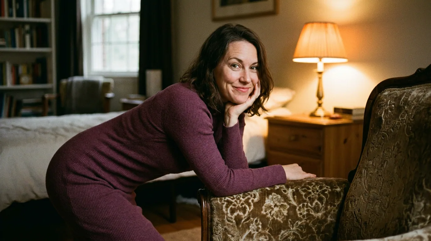 A woman in a plum knit dress leaning on the back of an armchair, smiling straight at the camera in a lamp-lit bedroom