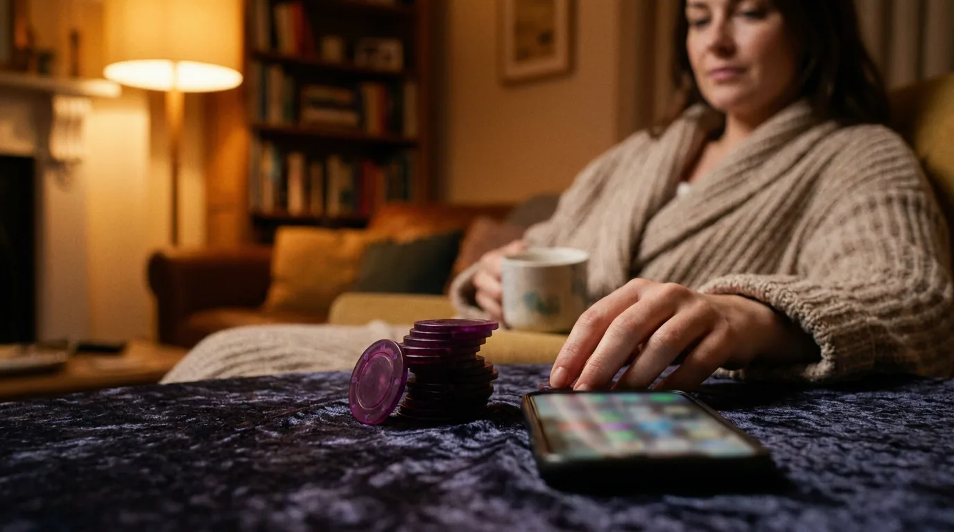 A stack of purple chips beside a phone on a velvet throw, with a woman in a cardigan holding a mug behind them