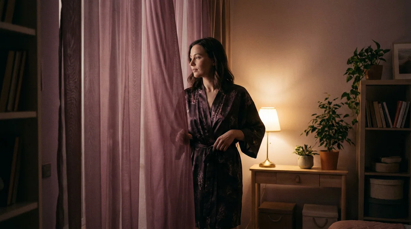 A woman in a dark silk robe standing by a sheer plum curtain in a lamp-lit room, looking out of the window