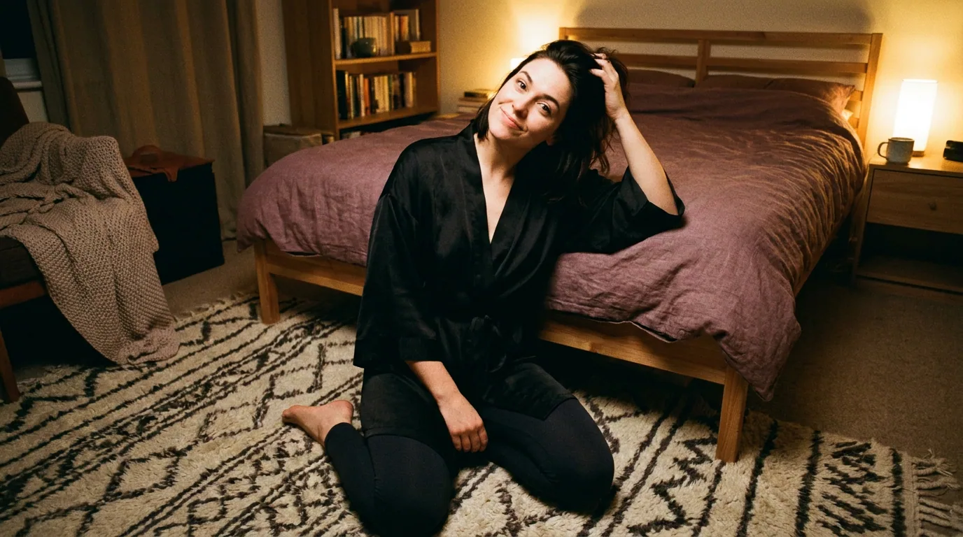 A woman in a black silk robe sitting on a patterned rug at the foot of a bed, smiling and pushing her hair back